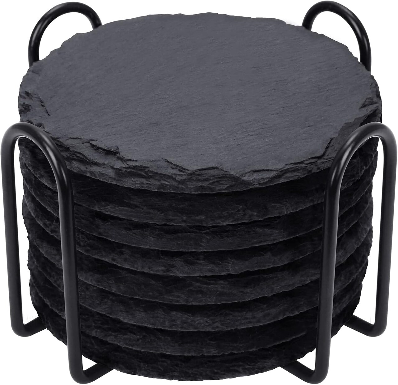 Slate Drink Coasters with Metal Holder,Set of 8 Black Coasters, 4 Inch Stone Coaster Set Coffee Table Decor Tabletop Protection for Home Office Kitchen Apartment Bar